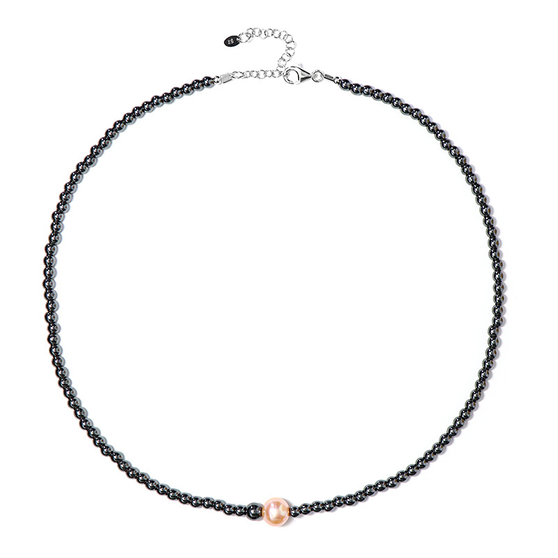 Schwarzer Hämatit-Silberhalskette