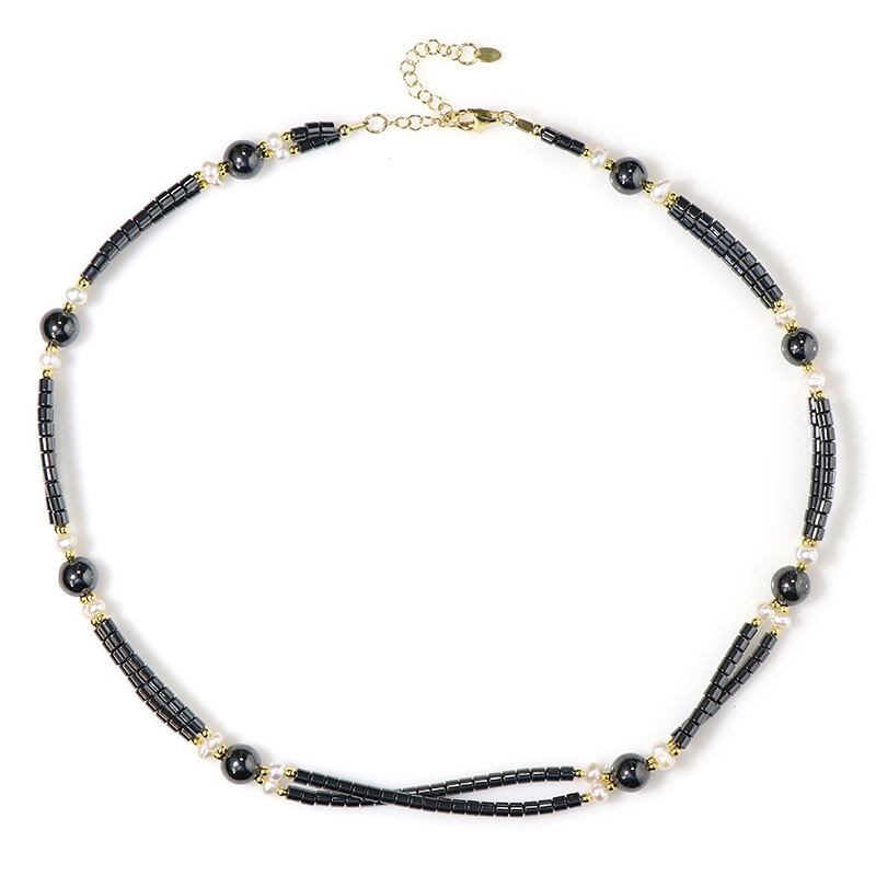 Schwarzer Hämatit-Silberhalskette